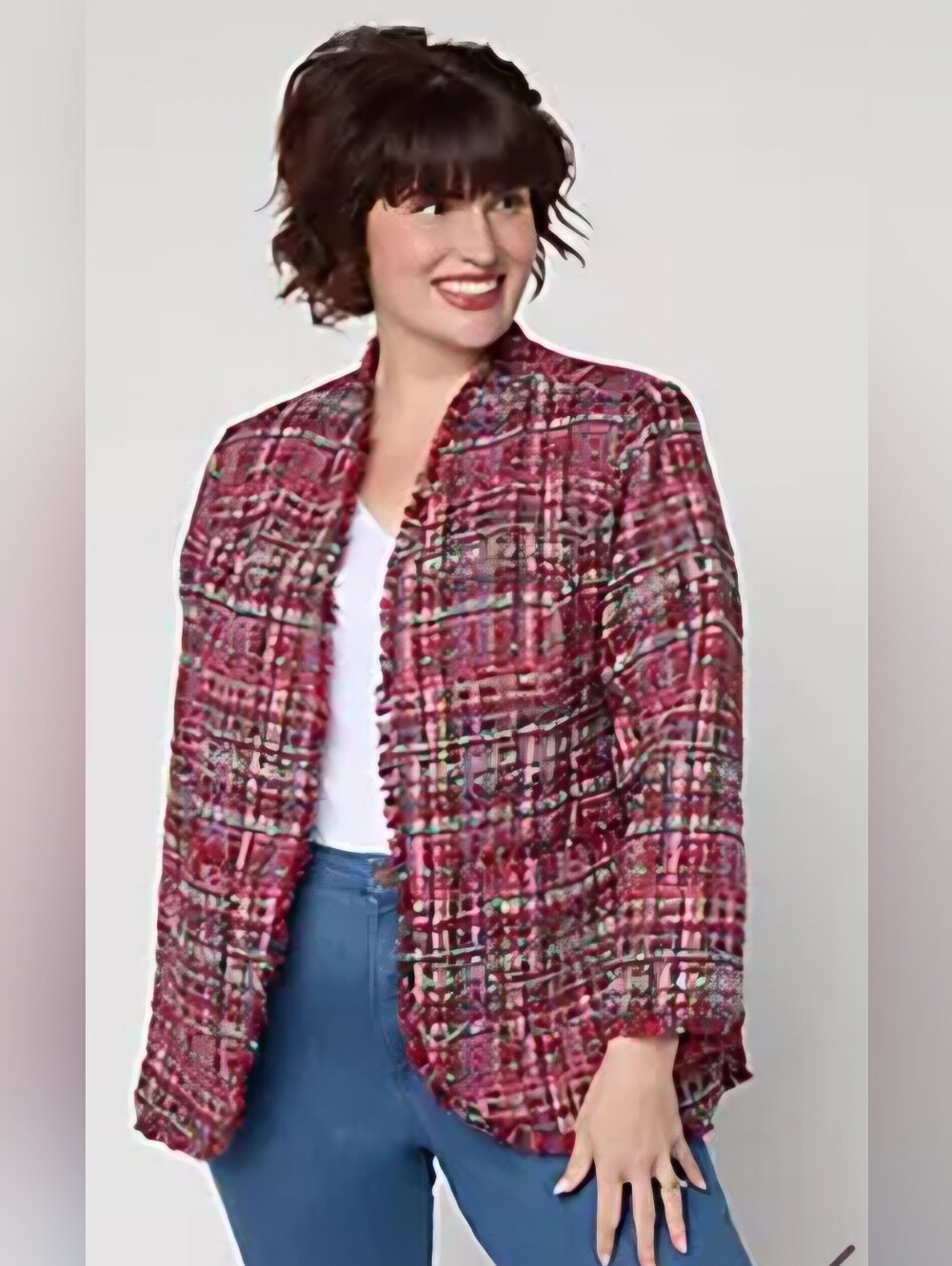 Womens Pink Patterned Open-Front Tweed Jacket New!